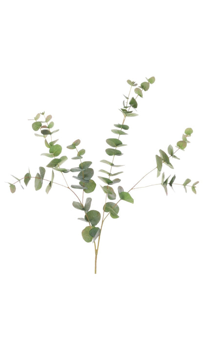 Faux green eucalyptus branch on a white background