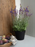 Faux potted lavender plant on a table with a basket of fruit and a wooden panel in the background