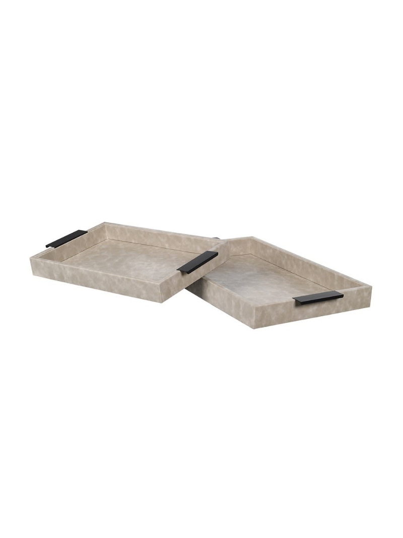 Two stone-colored trays with black handles on a white background