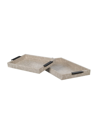 Two stone-colored trays with black handles on a white background