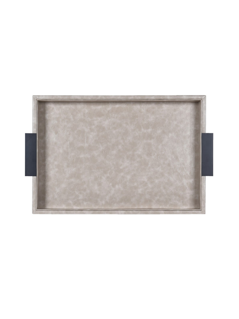 Rectangular tray with decorative border and handles on a white background