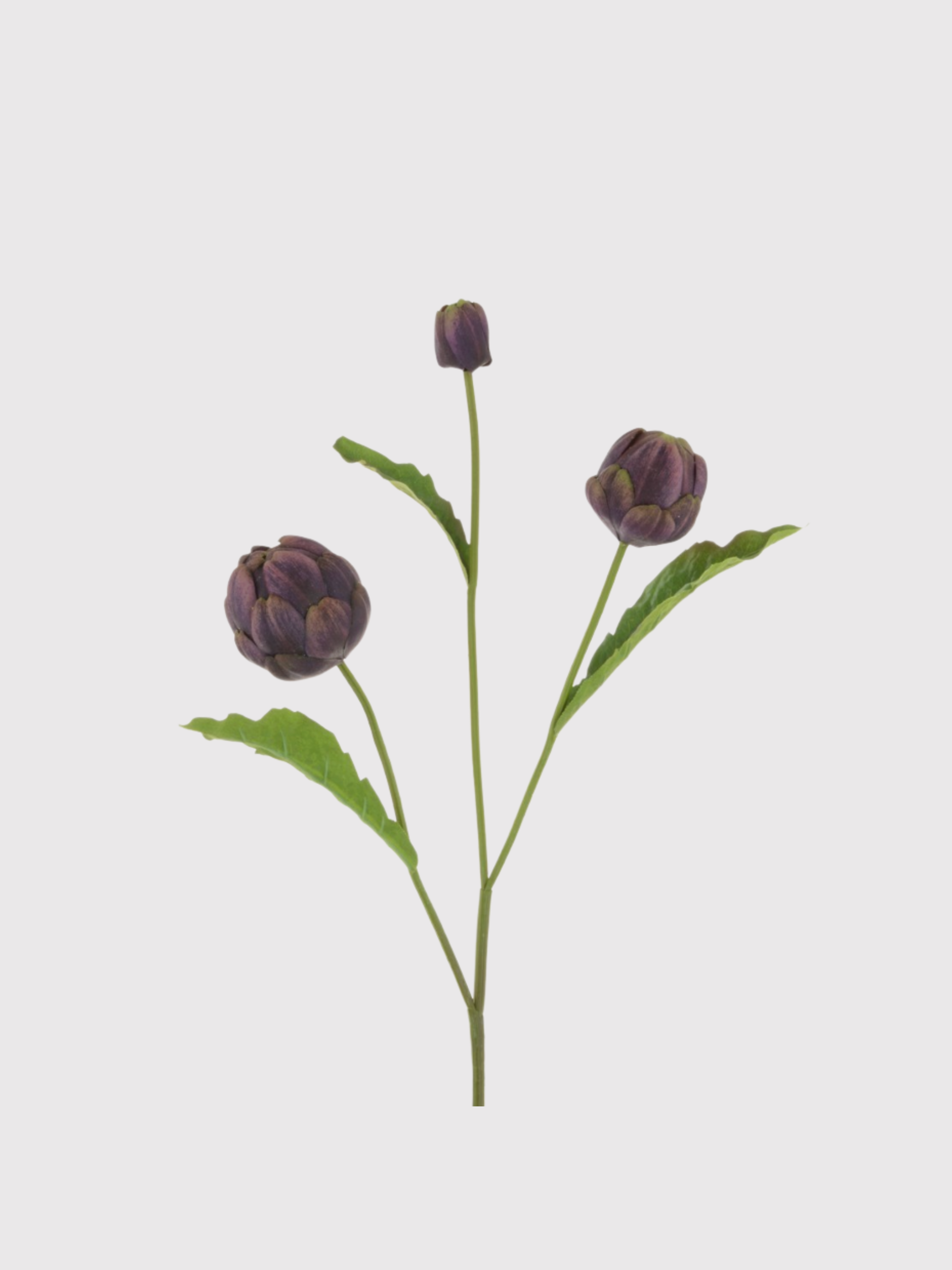 faux artichoke stem with three dark purple artichokes on a light gray background