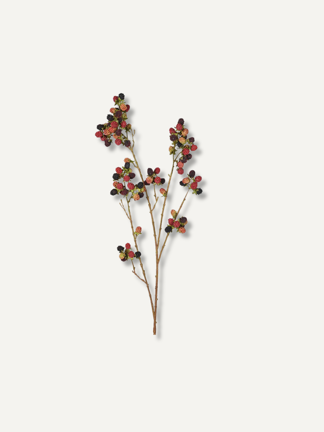 A faux botanical stem arrangement with clusters of small berries in red, black, and muted green on thin brown branches, centered on a plain light warm-gray background.