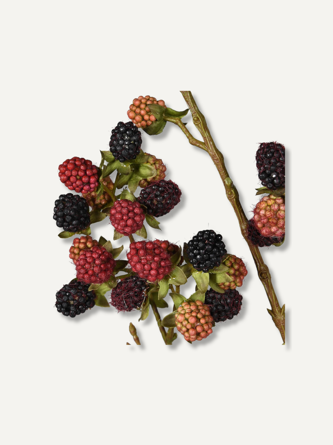 A botanical arrangement of faux blackberries on a light beige background, featuring ripe dark blackberries, unripe reddish-pink berries, and green calyxes on brown stems.