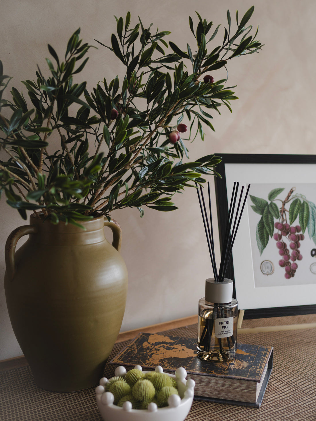 Faux Natural Olive Spray in olive green vase with handles