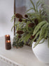 Decorative setup with a vase of greenery, candles, and pinecones on a white surface.