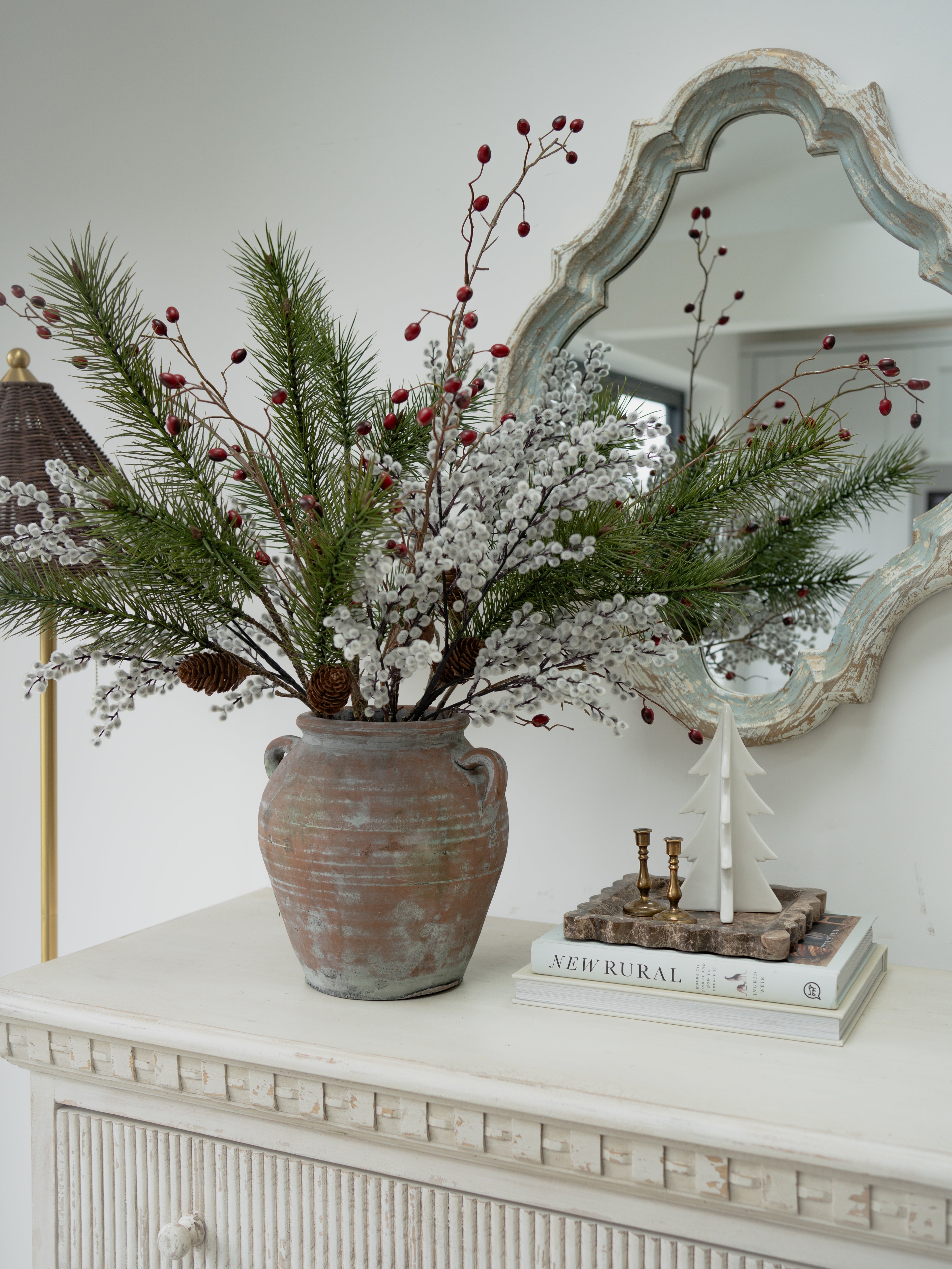 Faux Pine, Snowy Berry and Rosehip Branches Floral Arrangement