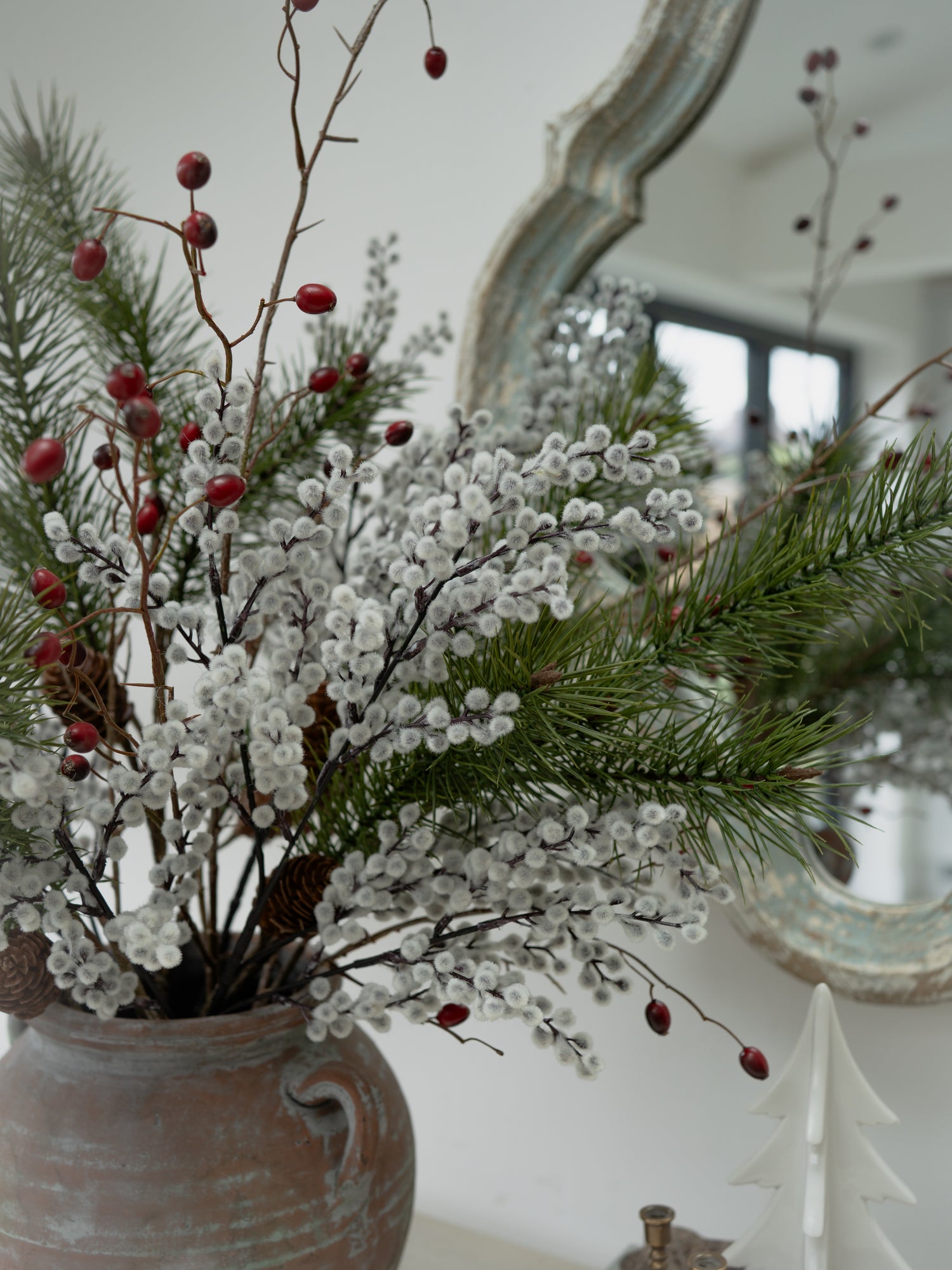 Faux Pine, Snowy Berry and Rosehip Branches Floral Arrangement