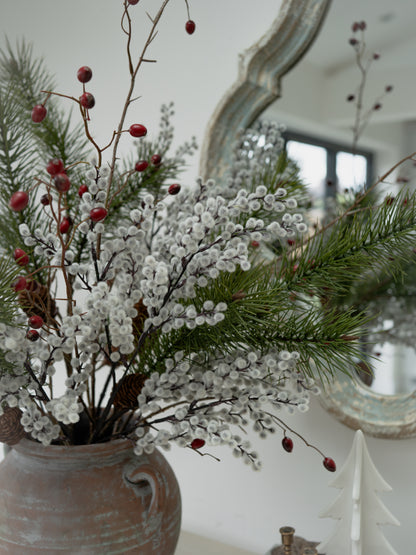 Faux Pine, Snowy Berry and Rosehip Branches Floral Arrangement