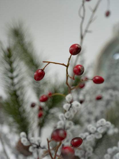 Faux Pine, Snowy Berry and Rosehip Branches Floral Arrangement