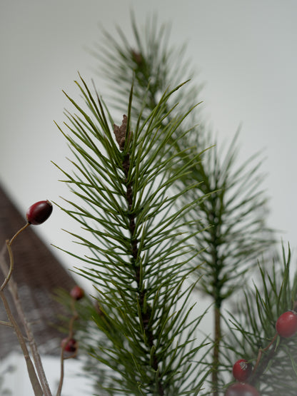 Faux Pine, Snowy Berry and Rosehip Branches Floral Arrangement