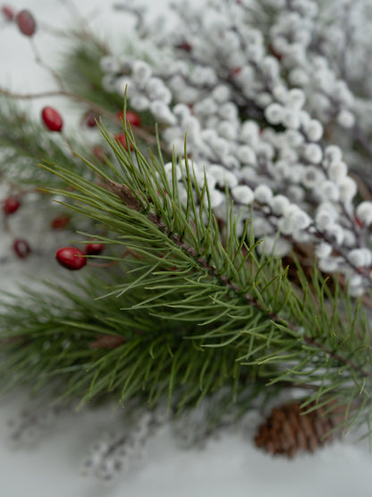 Faux Pine, Snowy Berry and Rosehip Branches Floral Arrangement
