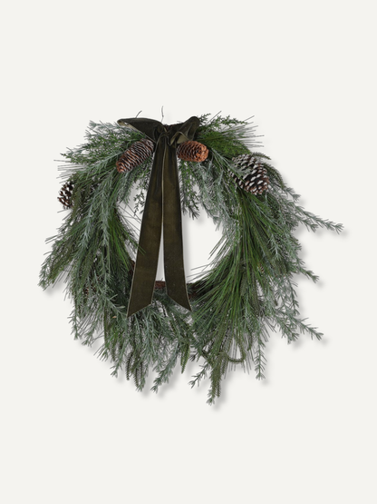 Faux Pinecone and Cedar Wreath with Olive Bow