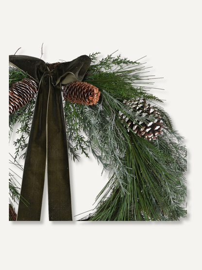 Faux Pinecone and Cedar Wreath with Olive Bow