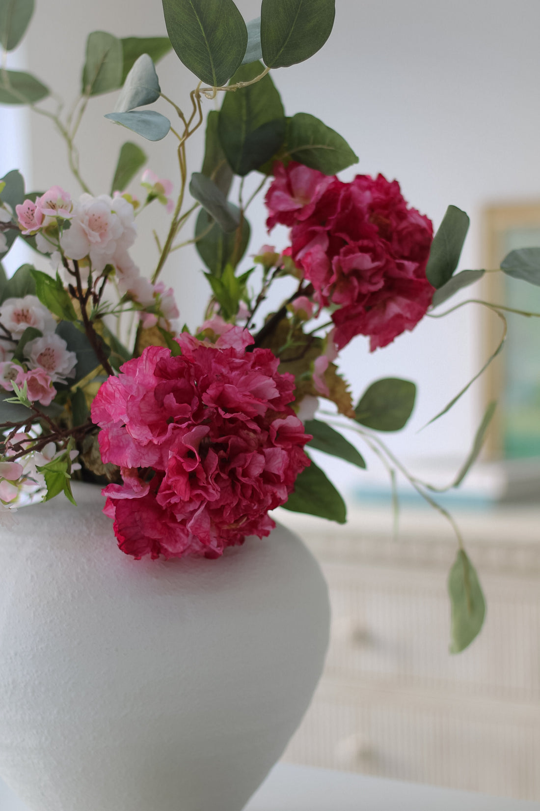Faux Pink Dried Ruffle Hydrangea and Blossom Floral Arrangement