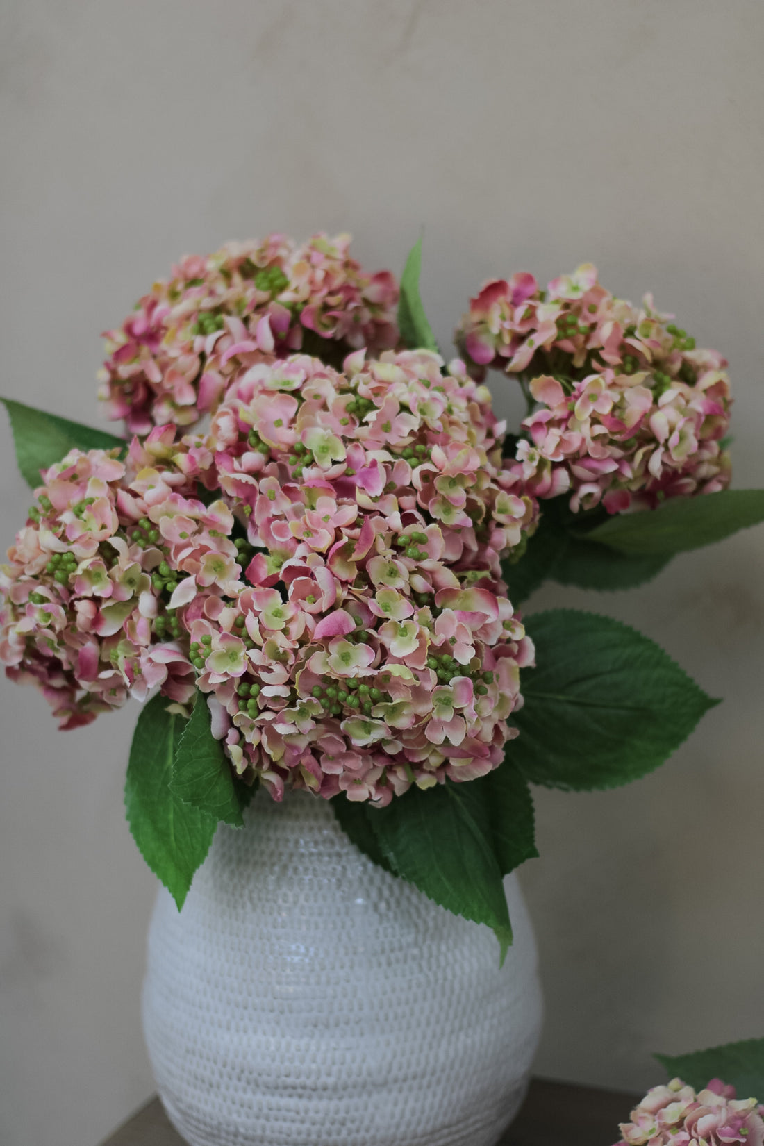 Faux Pink and Green Early Season Hydrangea Stem