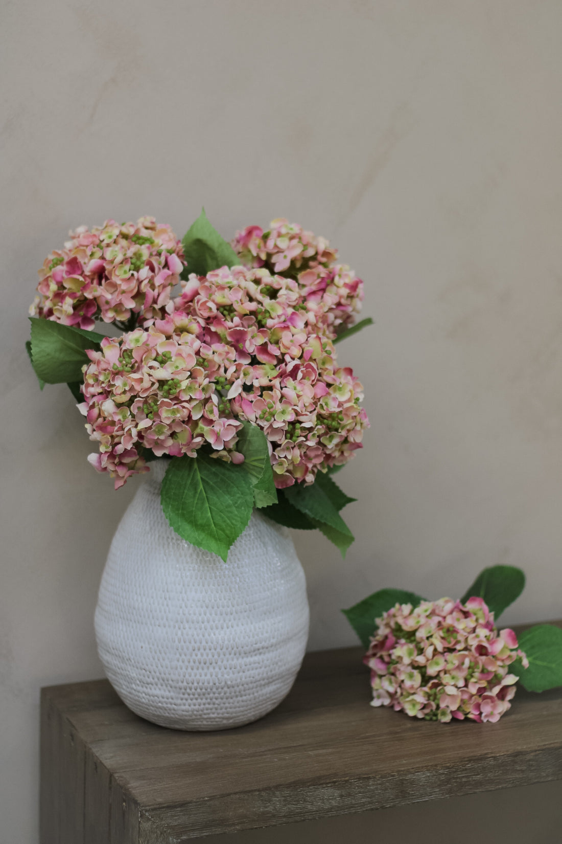 Faux Pink and Green Early Season Hydrangea Stem