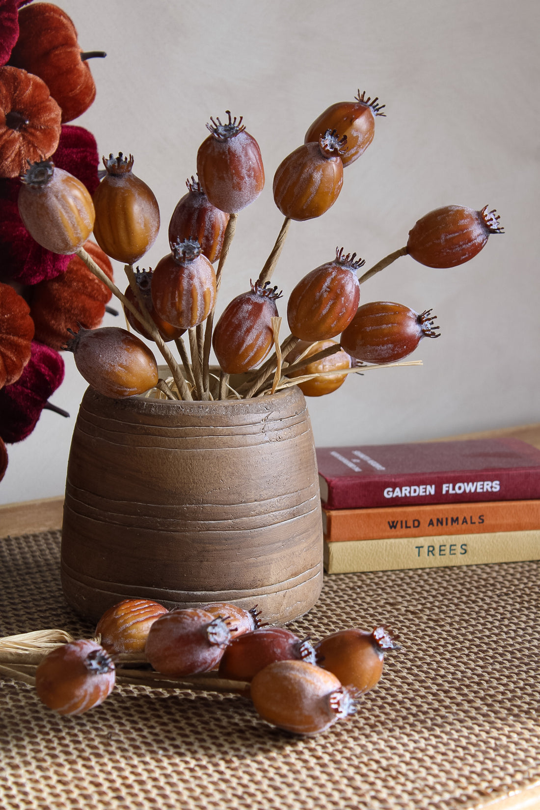Decorative arrangement of dried poppy head seed flowers in a textured vase on a woven surface with books in the background.
