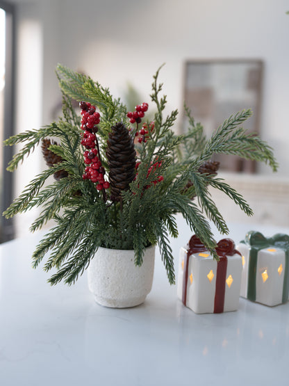 Decorative arrangement with greenery, red berries, and pinecones on a white surface.