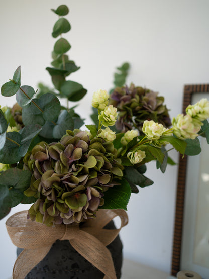 Faux Purple Hydrangea, Hops and Eucalyptus Floral Arrangement
