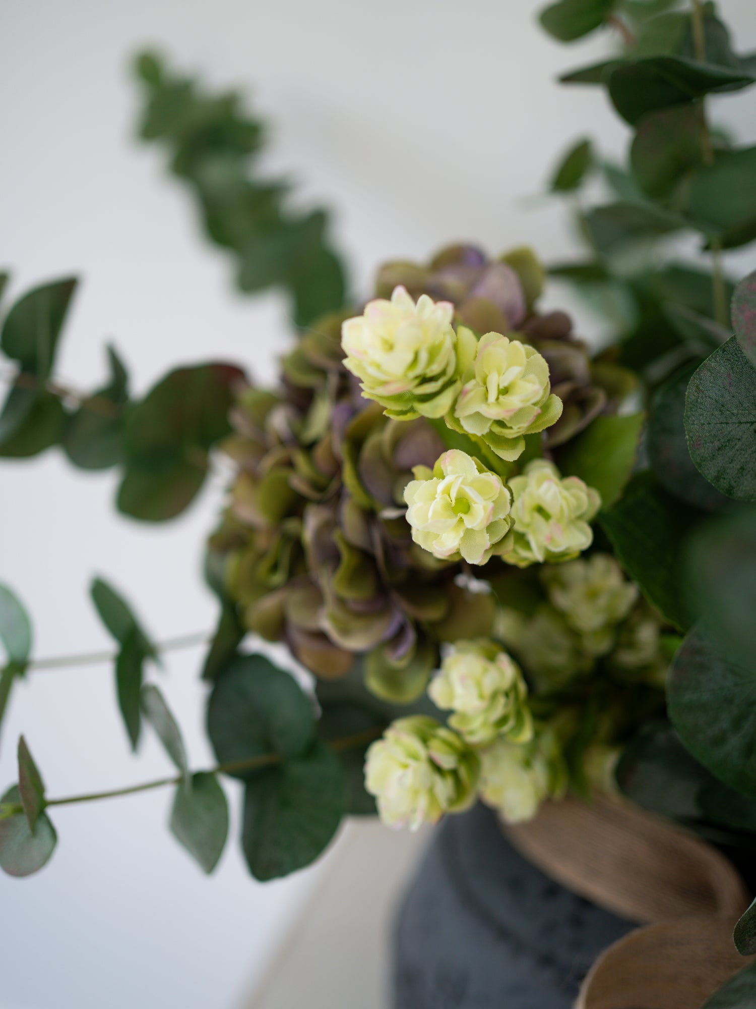 Faux Purple Hydrangea, Hops and Eucalyptus Floral Arrangement