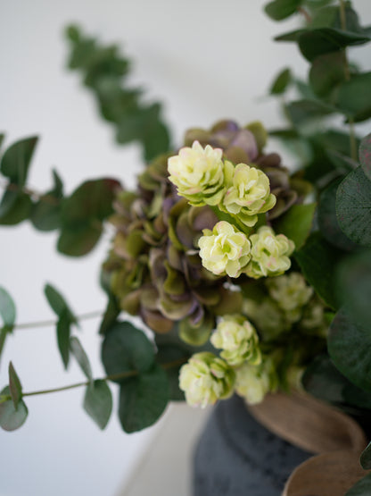 Faux Purple Hydrangea, Hops and Eucalyptus Floral Arrangement