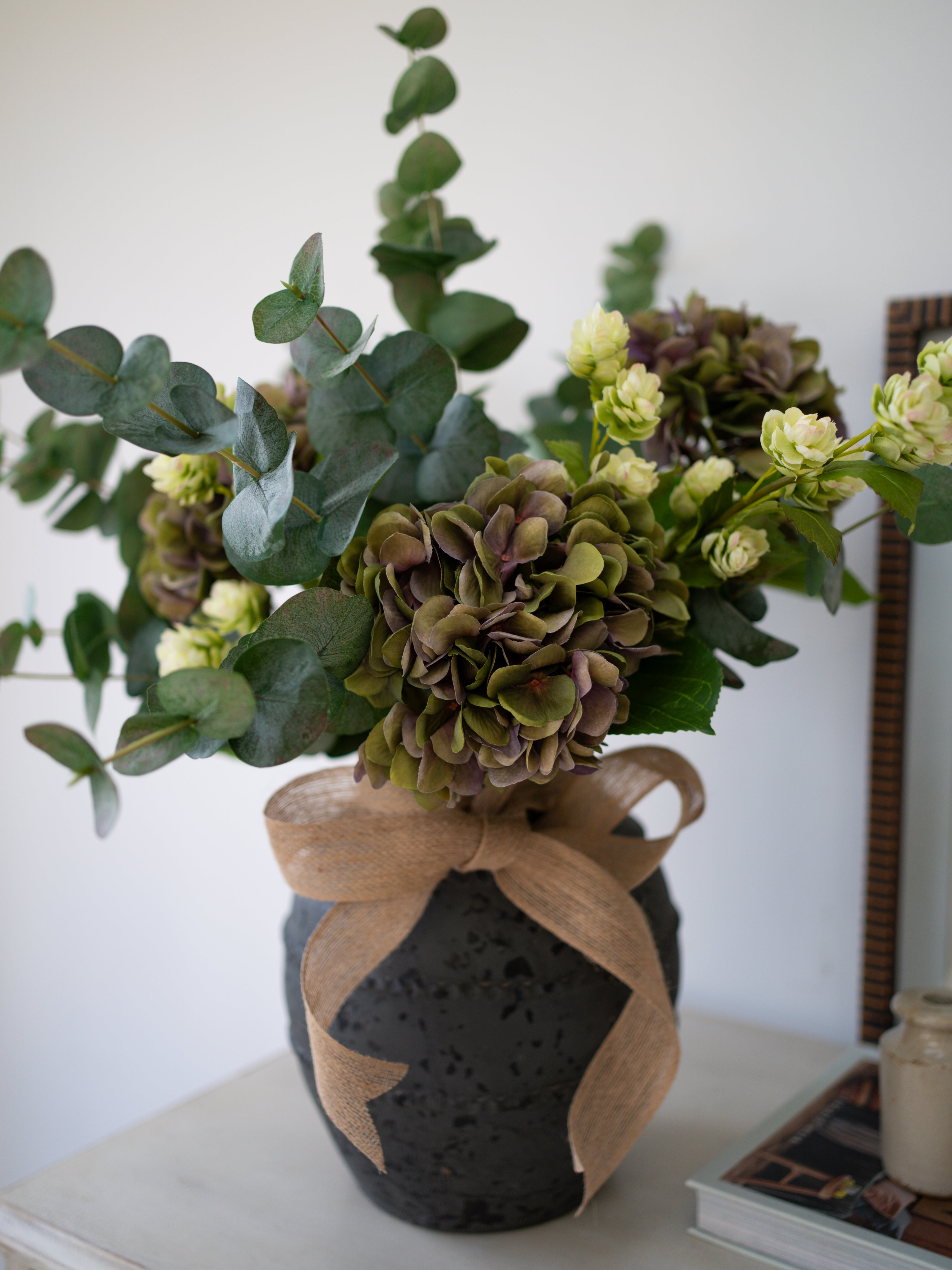 Faux Purple Hydrangea, Hops and Eucalyptus Floral Arrangement 