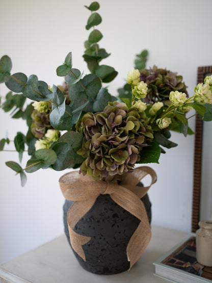 Faux Purple Hydrangea, Hops and Eucalyptus Floral Arrangement 