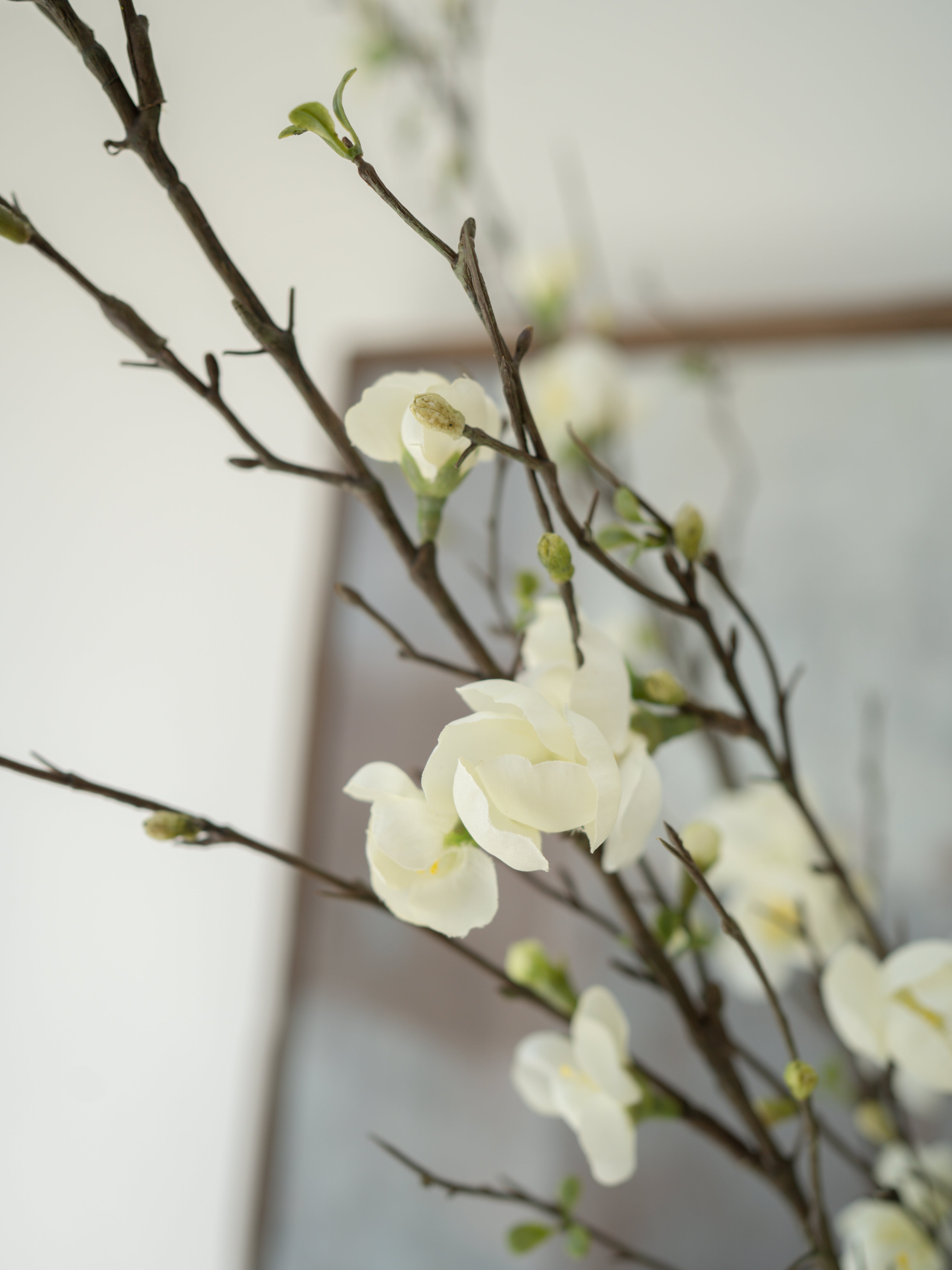 Faux white blossom flowers on branches against a blurred background