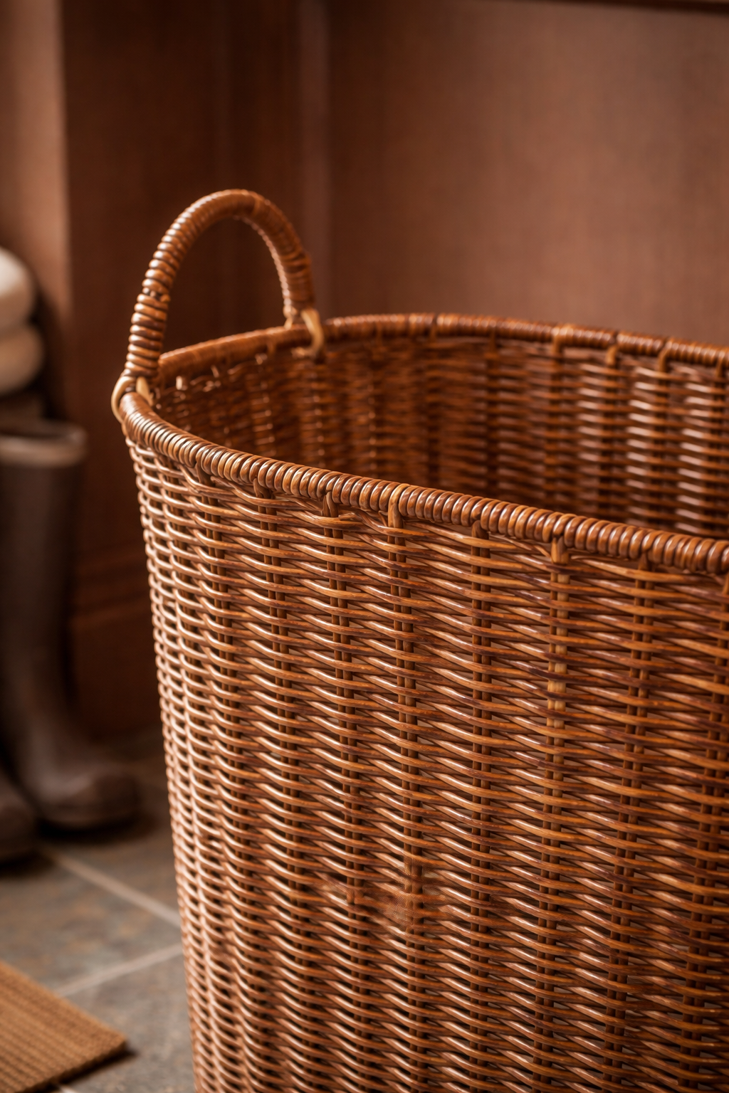 Faux deep brown rattan umbrella basket with handle on a neutral background