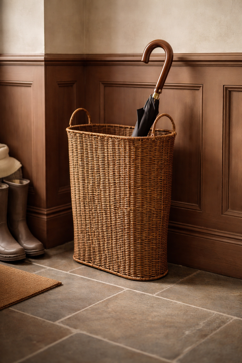 Faux deep brown rattan umbrella stand with an umbrella inside against a wooden paneled wall.