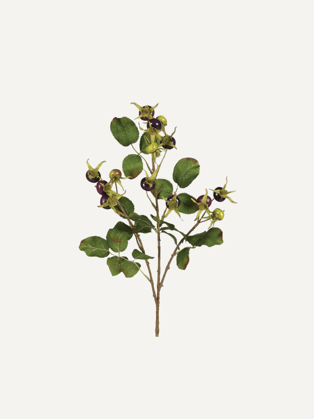 Artificial rosehip branch with green leaves and small purple flowers on a white background, perfect for home decor and styling