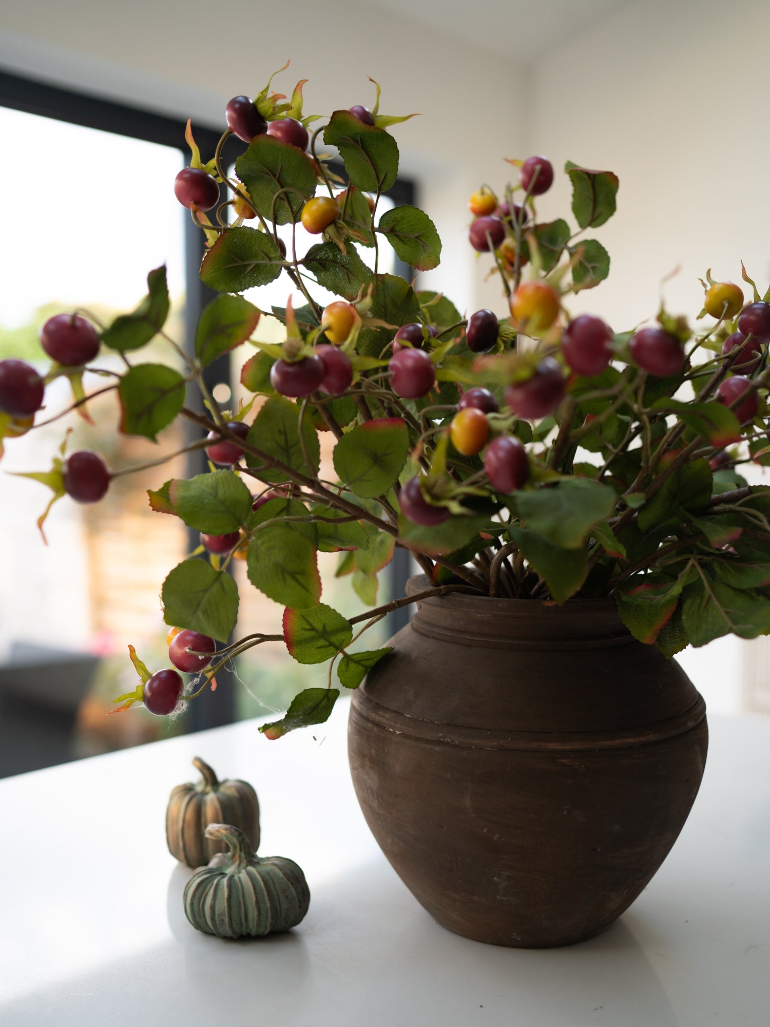 artificial autumn rosehip branches styled en masse in a brown rustic vase with small pumpkins