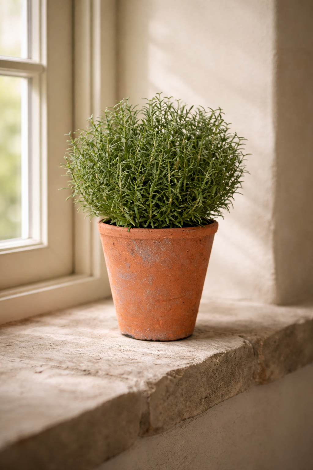 Faux Rosemary Plant in Rustic Terracotta Pot on rustic stone window ledge perfect for mediterranean inspired decor