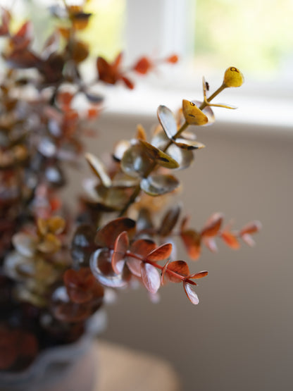 up close of Faux Rustic Autumn Eucalyptus Plant