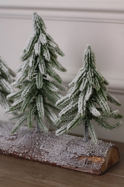 Faux Snowy Christmas Trees on Wooden Log 