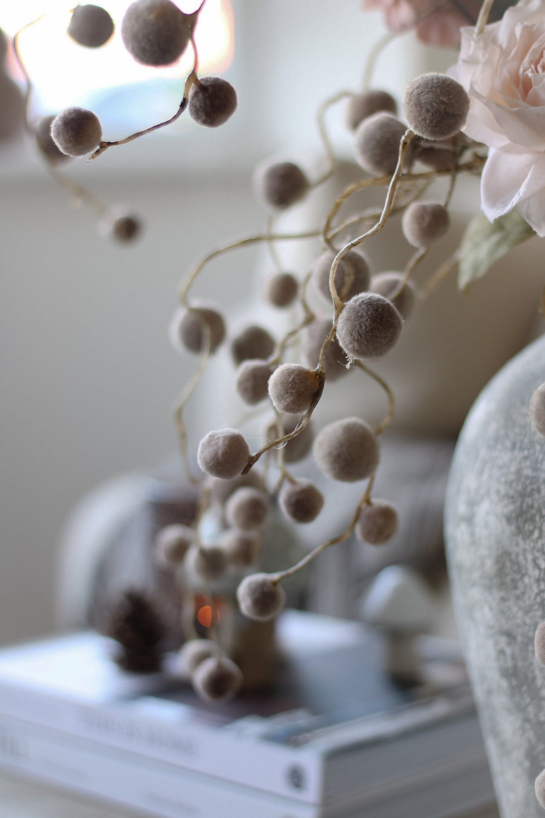 Faux Soft Brown Pom Pom Willow Spray