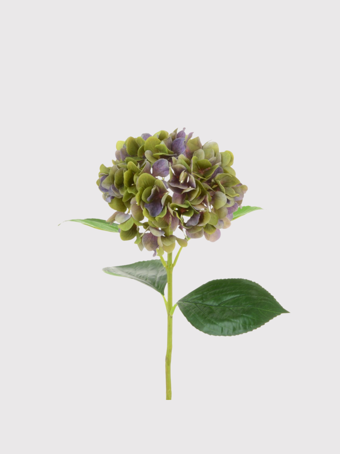 Artificial flower arrangement with green and purple hydrangea stem on a white background