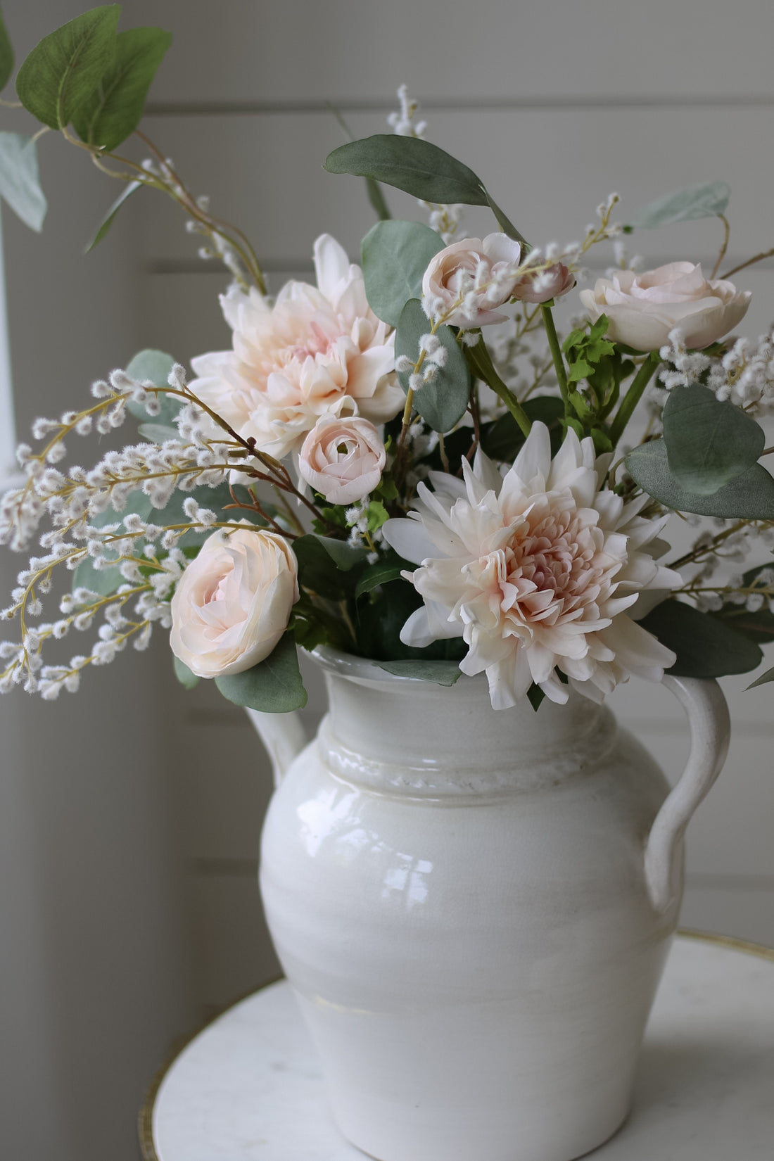 Faux Summer Blush Dahlia and Ranunculus Floral Arrangement