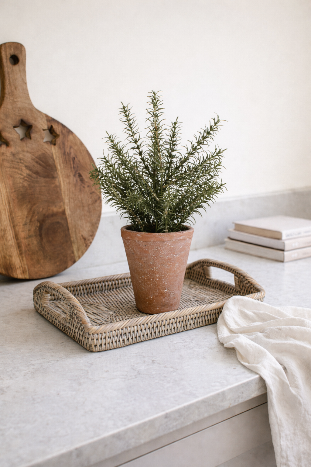 Faux rosemary plant in a terracotta pot on a woven tray with a wooden cutting board and books in the background for kitchen home styling