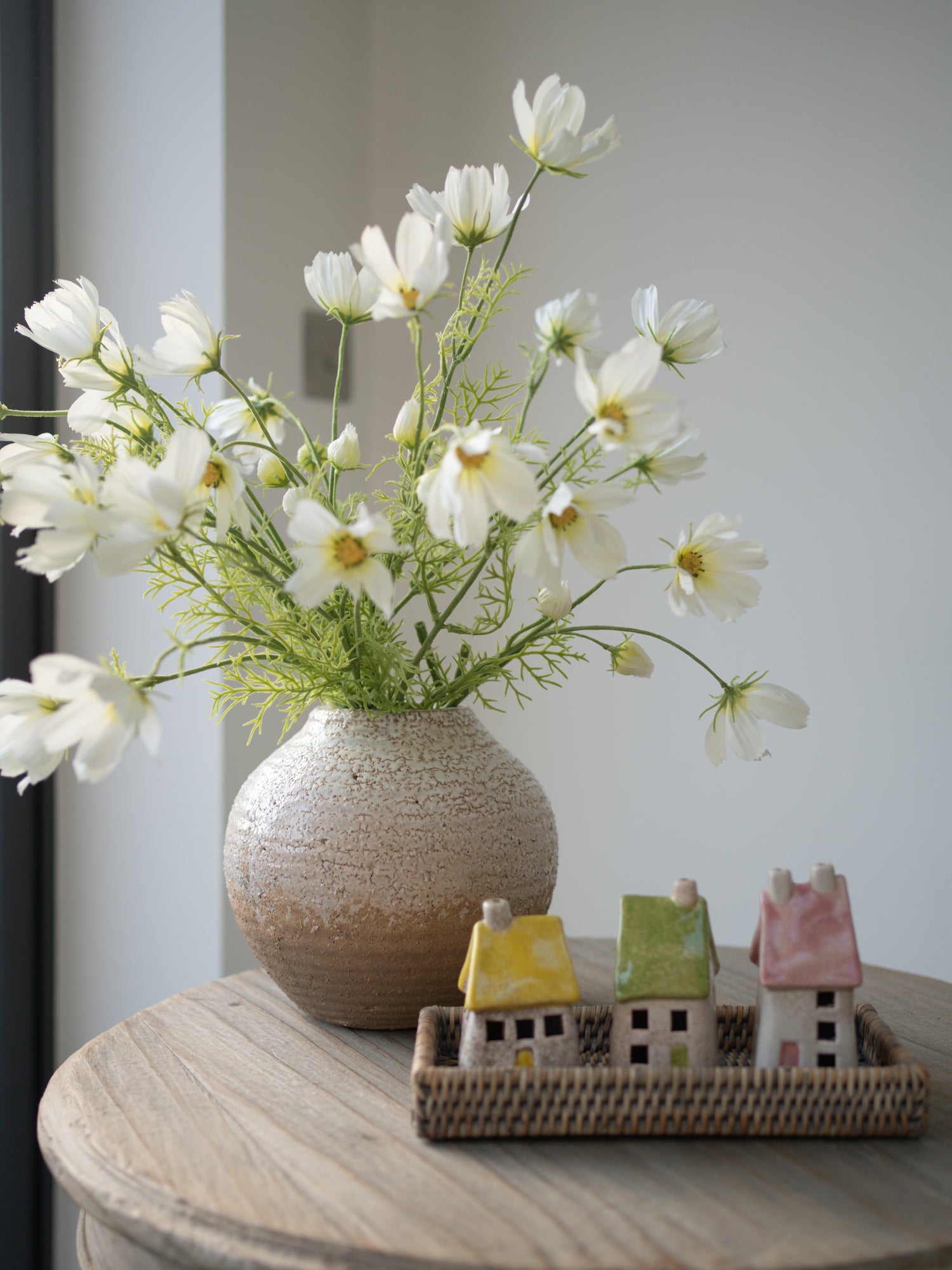 Faux White Cosmos, Crackle Vase, Rattan Tray and Ceramic Houses home styling and home decor