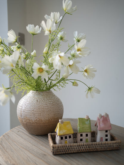 Faux White Cosmos, Crackle Vase, Rattan Tray and Ceramic Houses Bundle