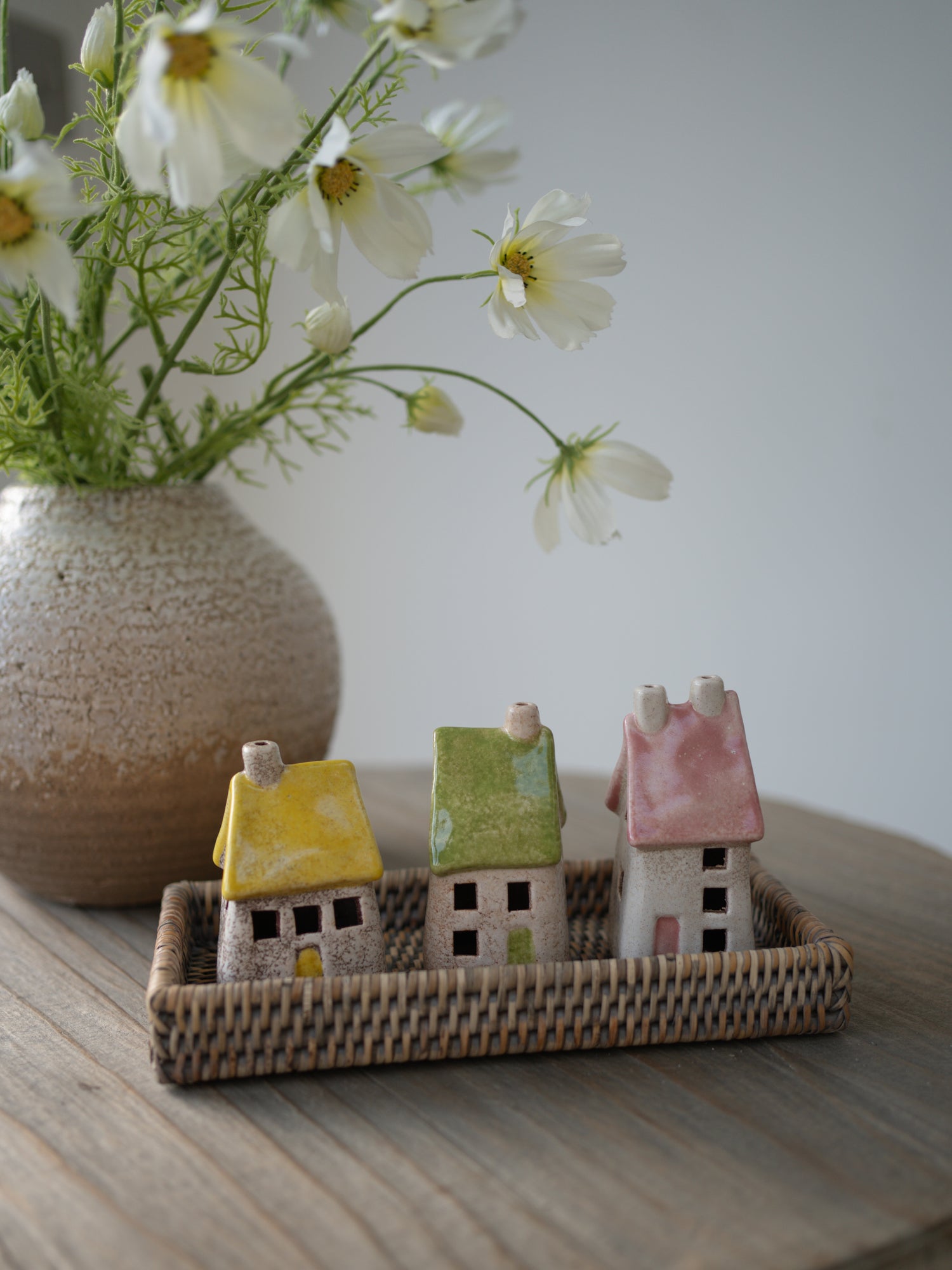 Faux White Cosmos, Crackle Vase, Rattan Tray and Ceramic Houses Bundle