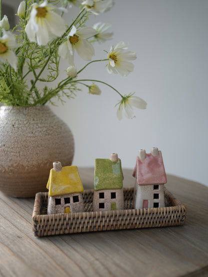 Faux White Cosmos, Crackle Vase, Rattan Tray and Ceramic Houses Bundle