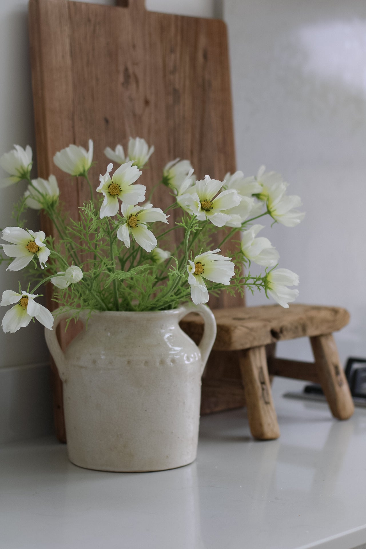 White Consort Vase and Faux Cosmos Bundle 
