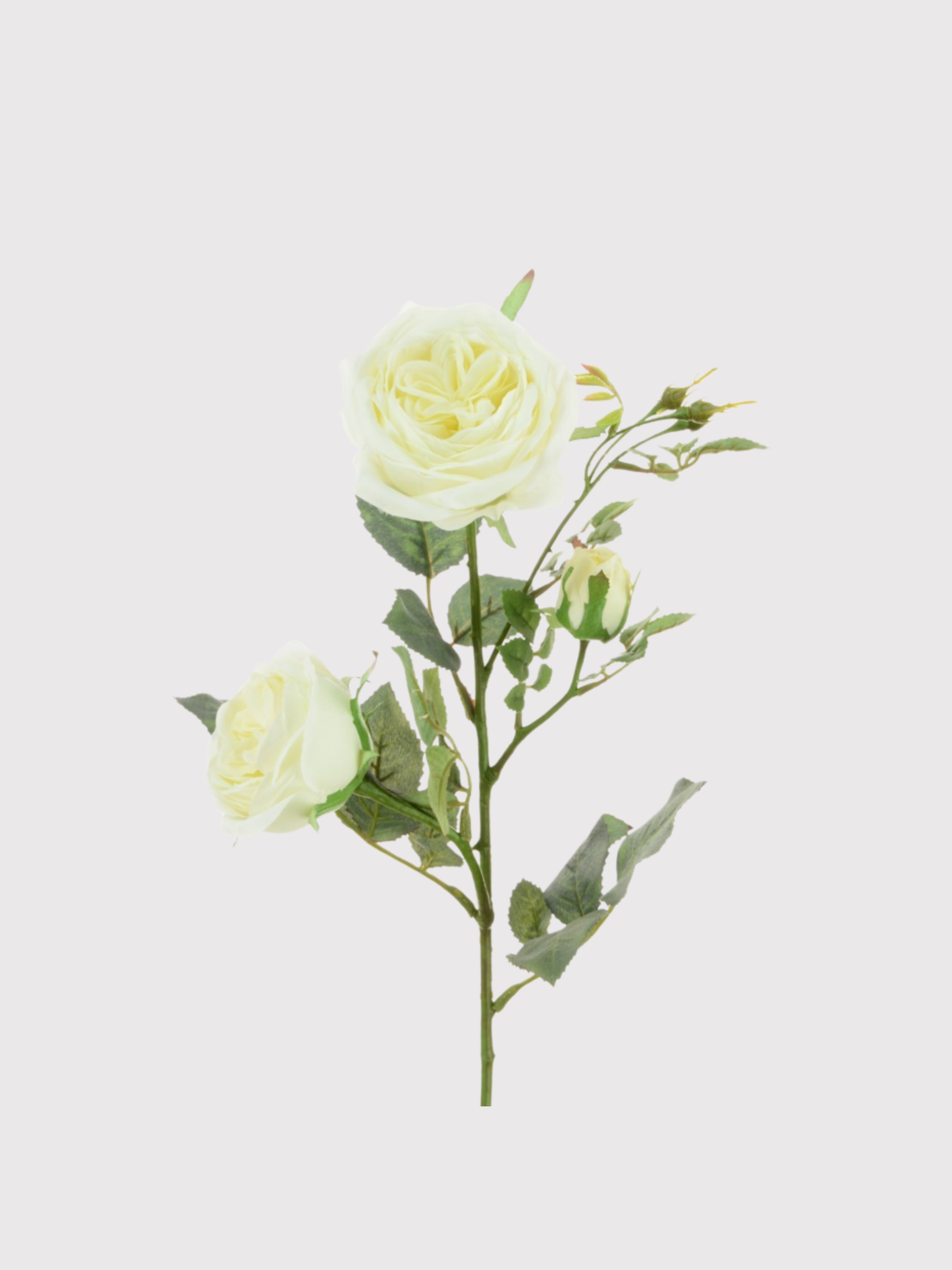 Artificial white rose flower arrangement with white roses on a light gray background