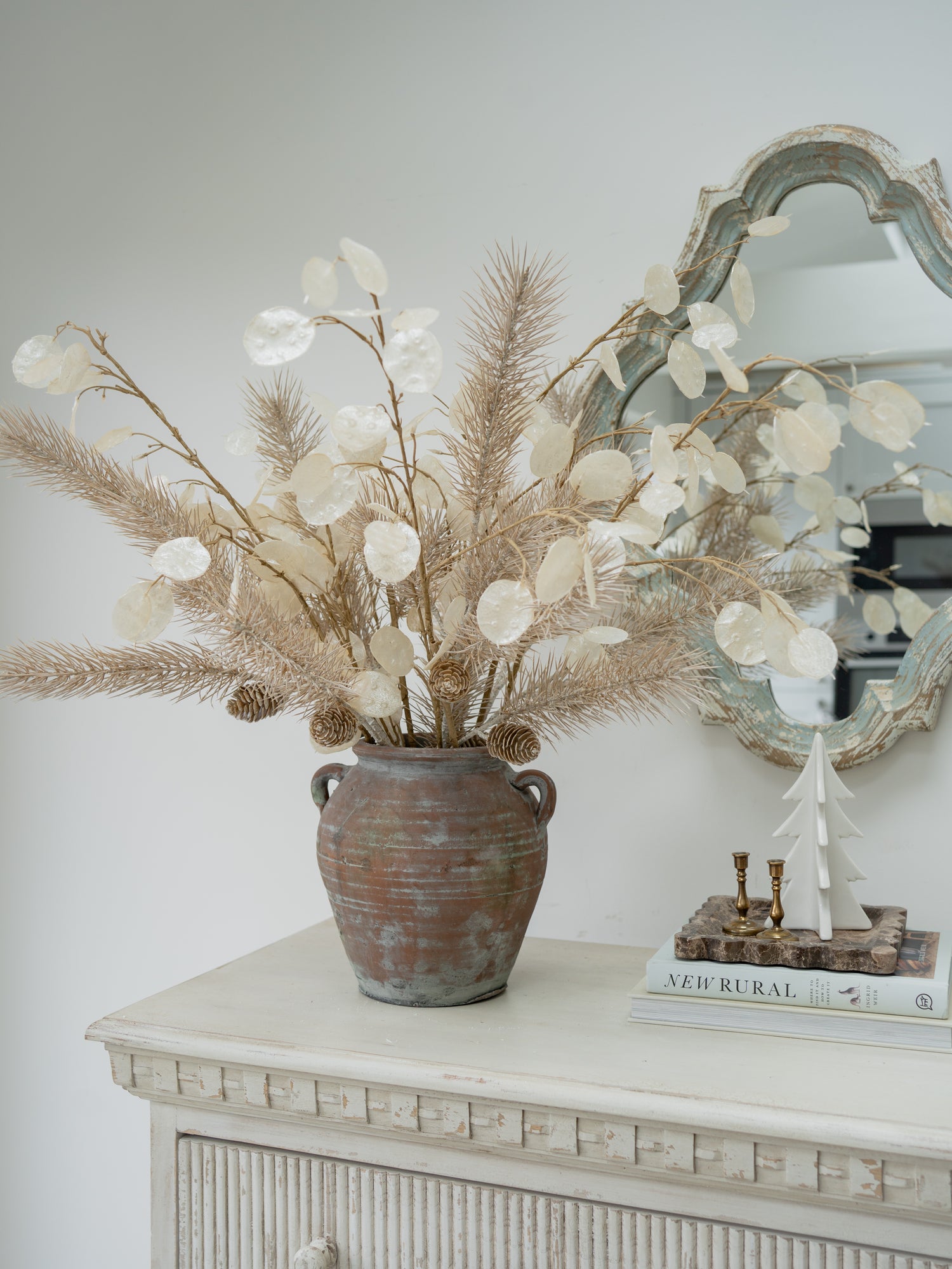 Faux White Washed Pine and Golden Silver Dollar Floral Arrangement in vintage style olive pot