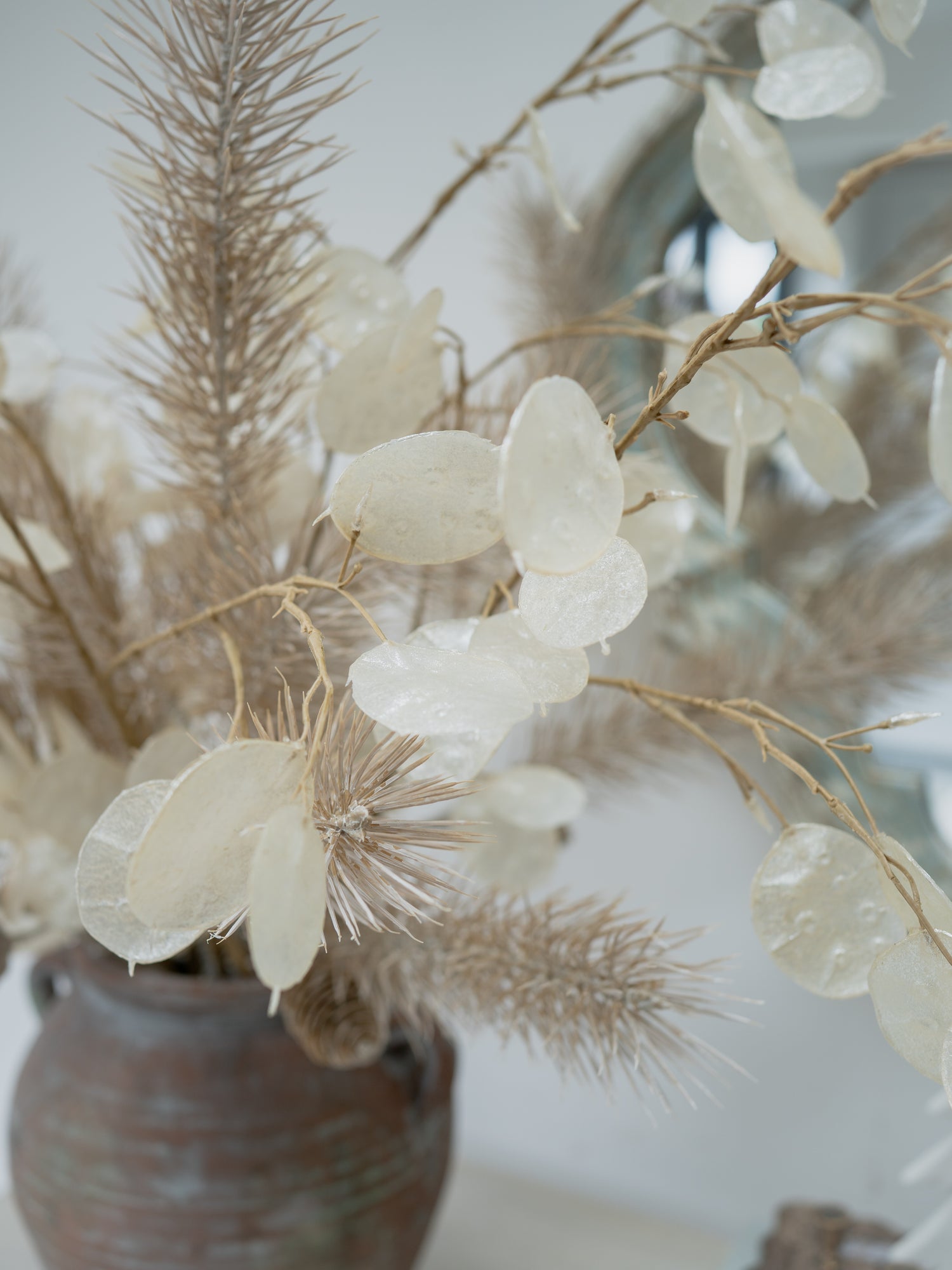 Faux White Washed Pine and Golden Silver Dollar Floral Arrangement