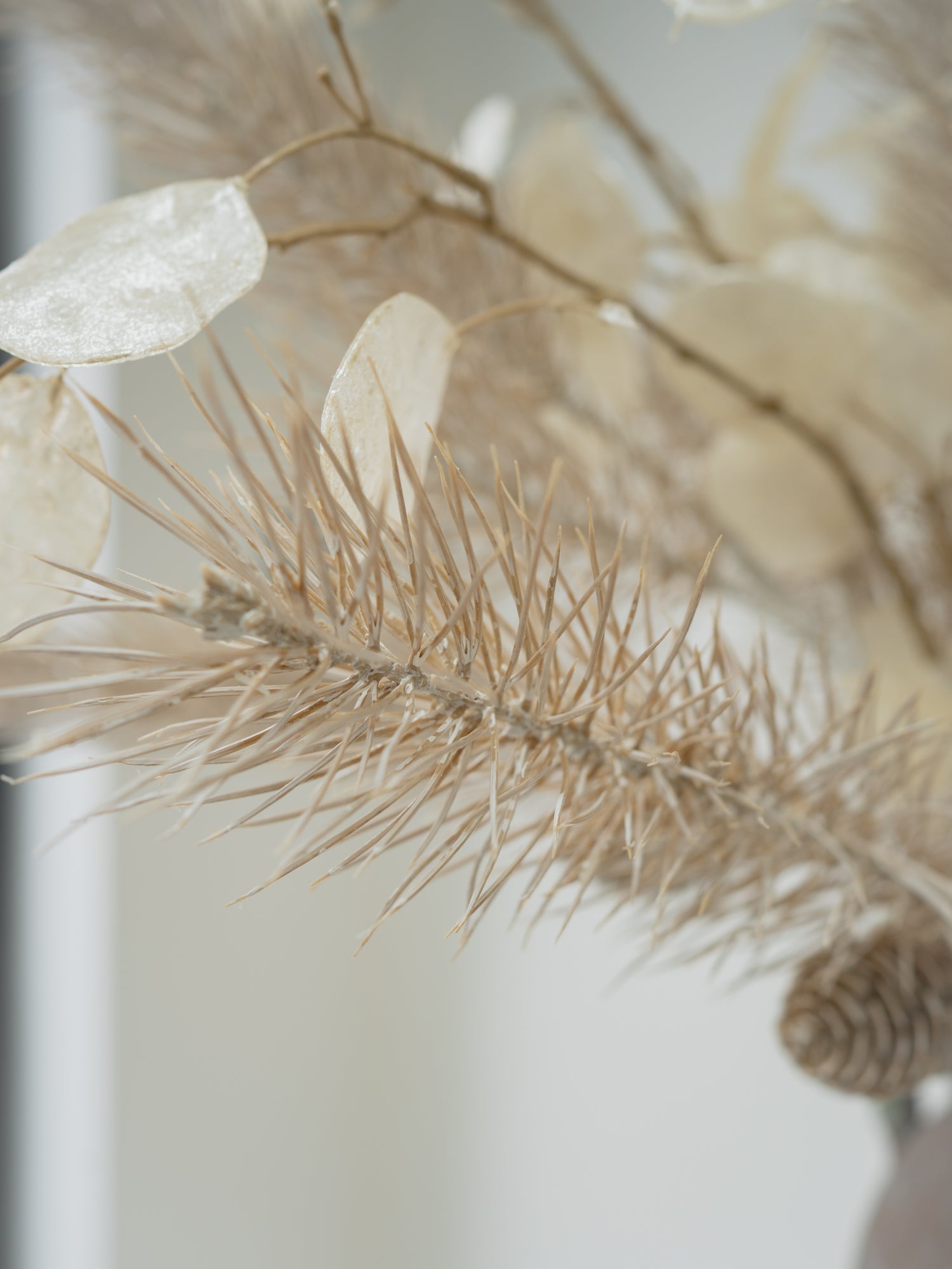 Faux White Washed Pine and Golden Silver Dollar Floral Arrangement