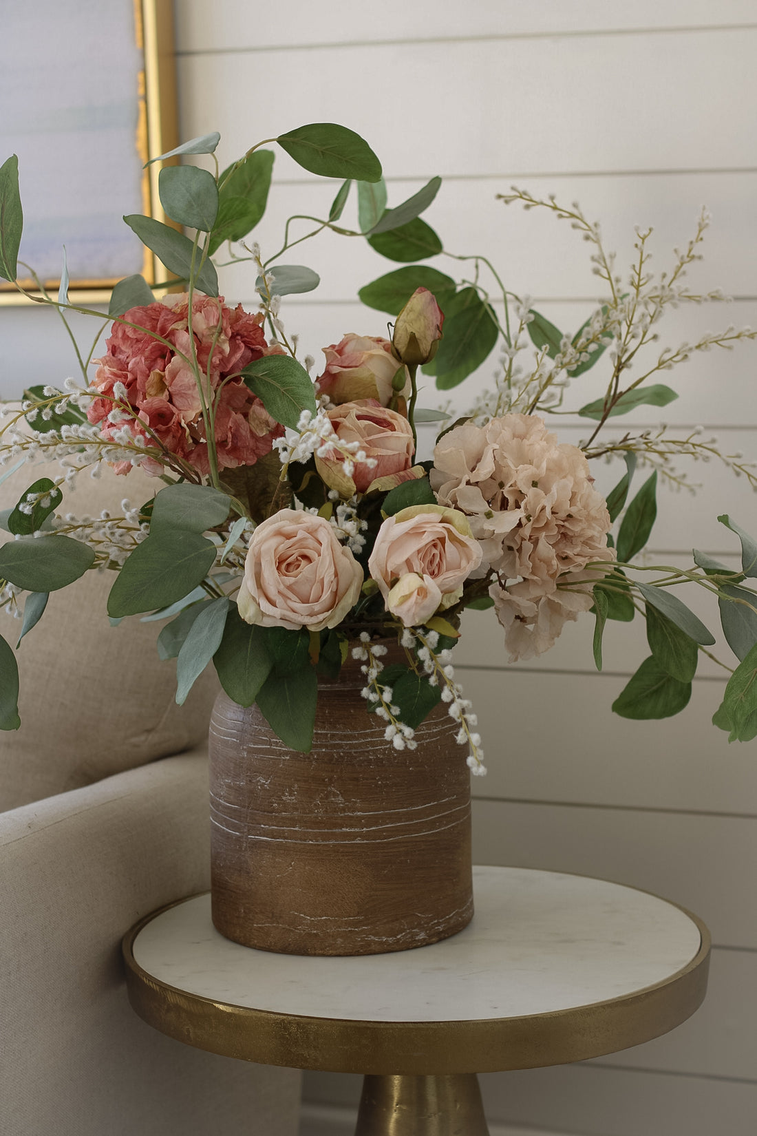 Faux Wild Willow Eucalyptus, Dried Ruffle Hydrangea and Rose Arrangement